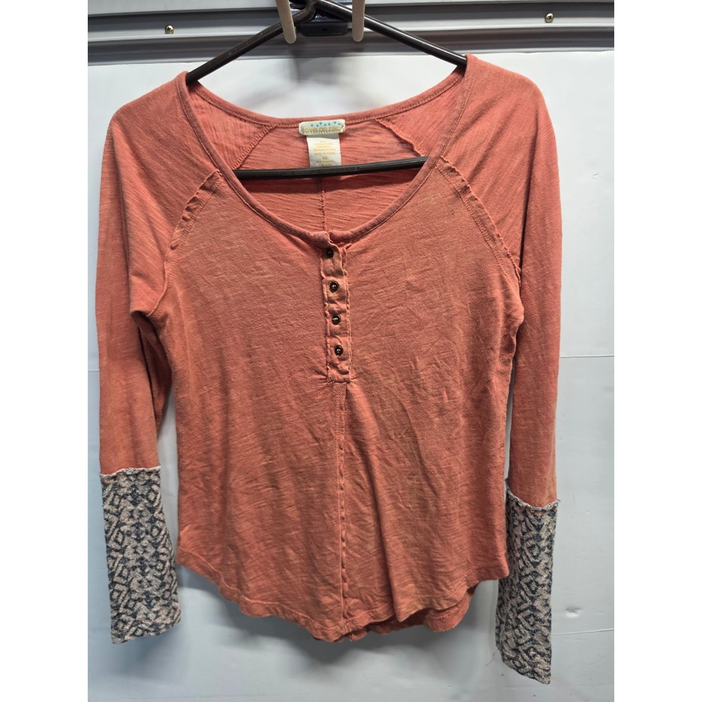 Love On Tap Terracotta Slub Knit Henley Top Contrast Geometric Cuffs XS